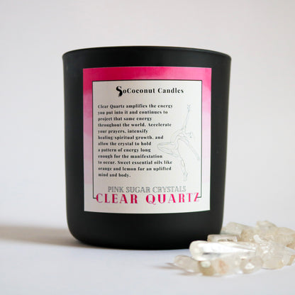 Alt: Pink Sugar Crystals candle with strawberry, sugar, vanilla, sweet orange, and clear quartz. Positive energy for sweet serenity. 🍓🕯️✨