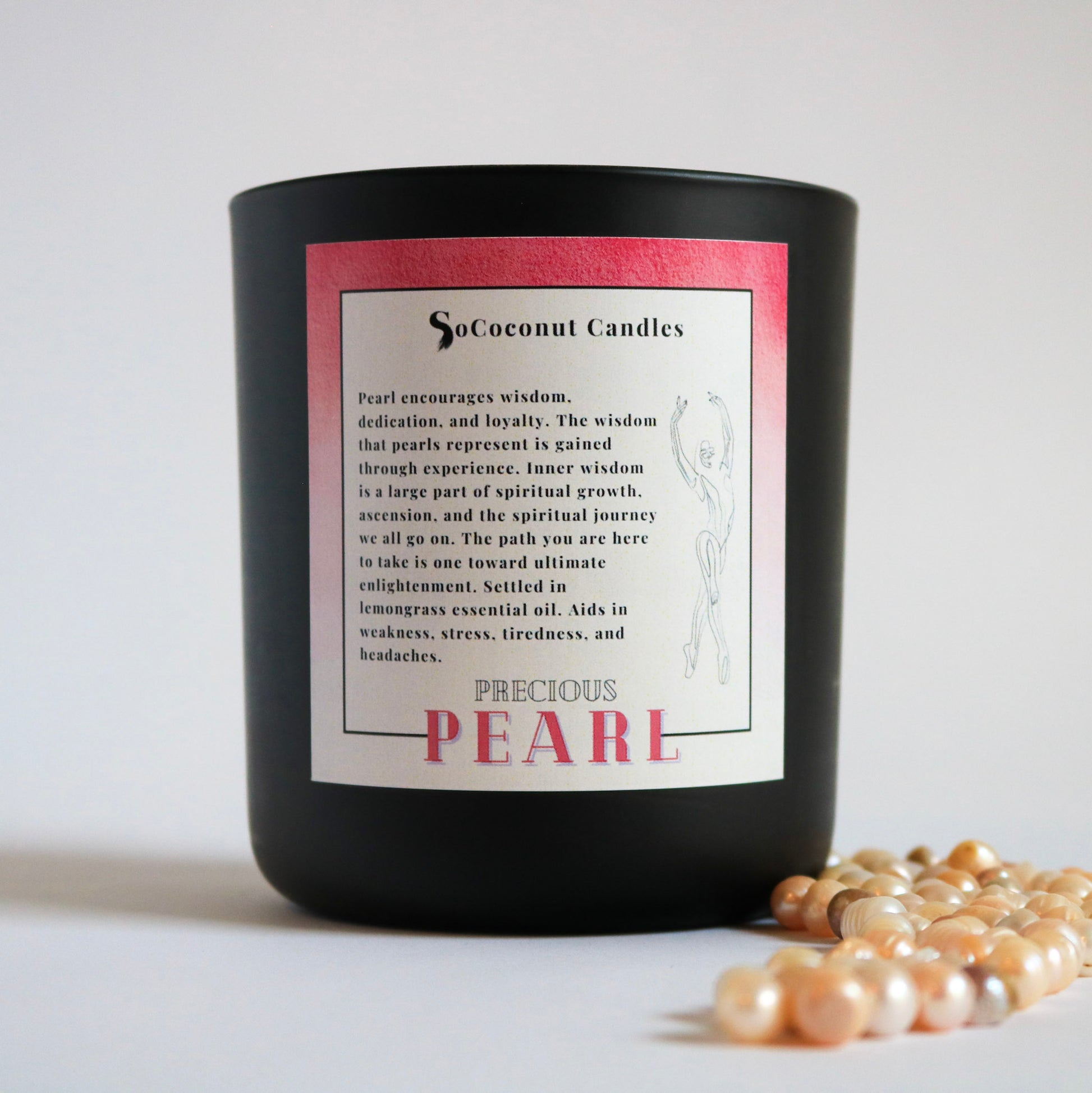 Alt: Precious candle with red currant, geranium, and black currant scents, lemongrass essential oil, and pearls. Illuminate your space for ultimate enlightenment. 🕯️🌺✨